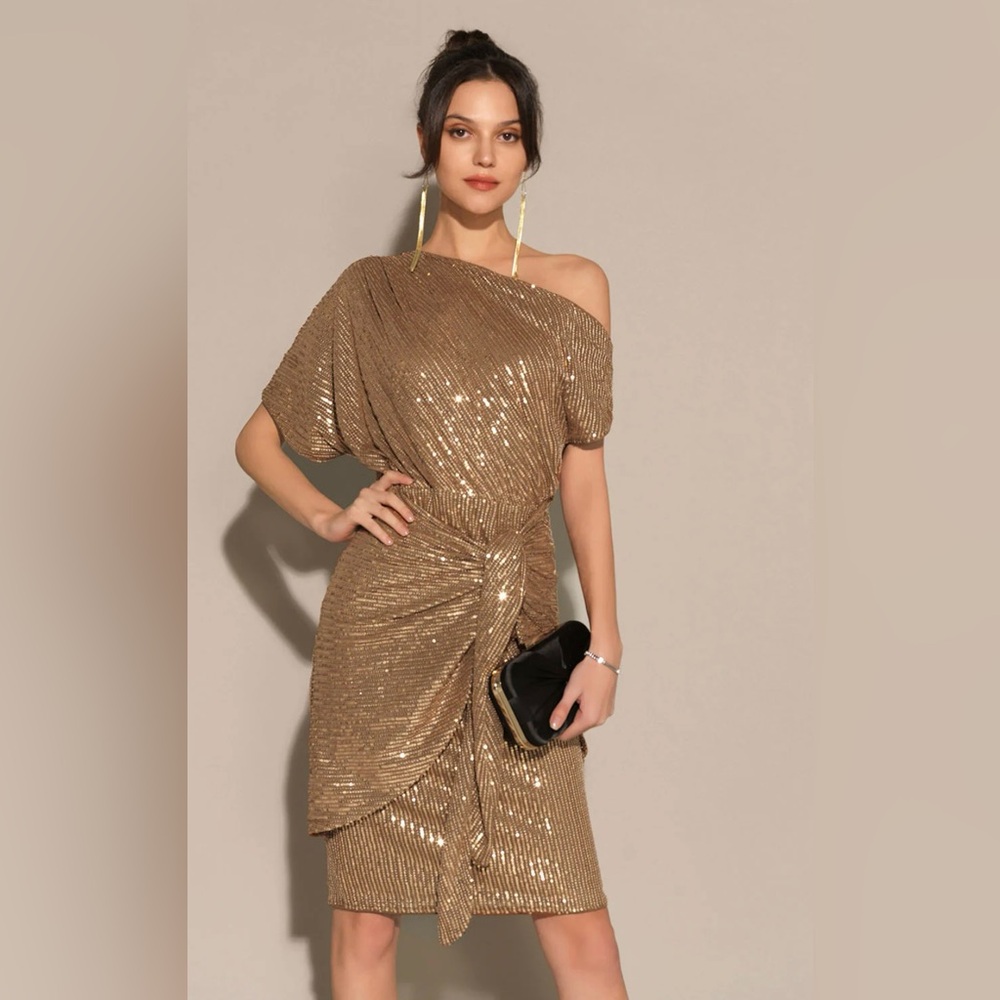 Grace Karin sequin sparkly, one shoulder dress in coffee color, size small